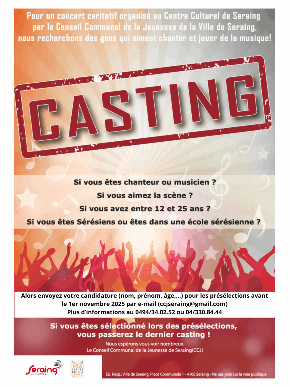 Seraing recherche des talents pour participer au Concert solidaire du 14 mars 2026 !